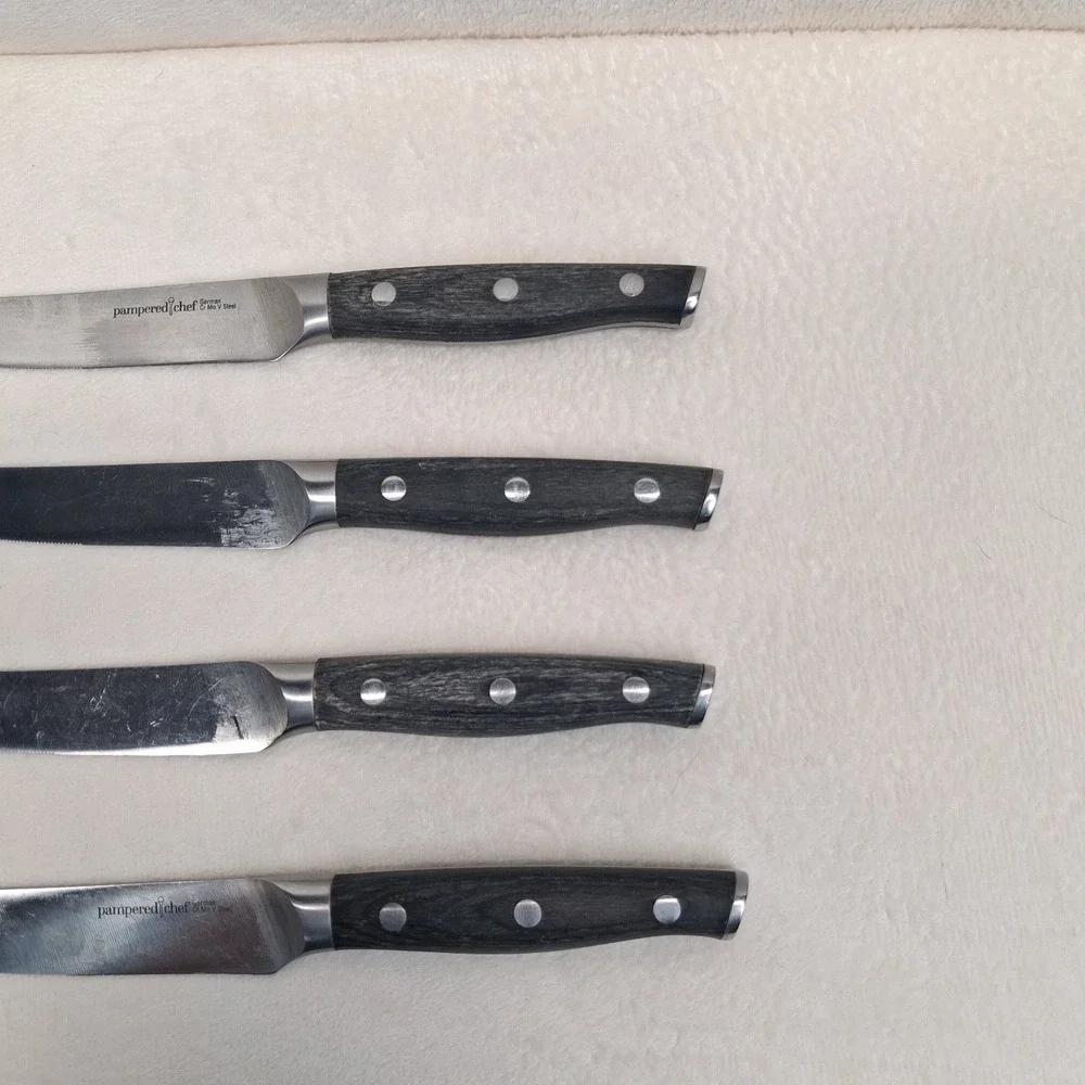 Pampered Chef (4) Steak Knives Dark Gray Handle German Steel
